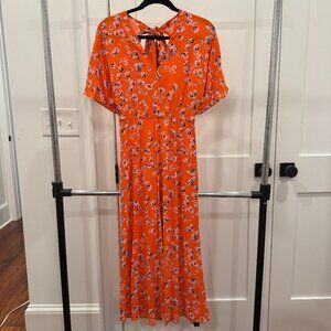 Whistles Vibrant Orange Floral Print Midi Dress, Size 2